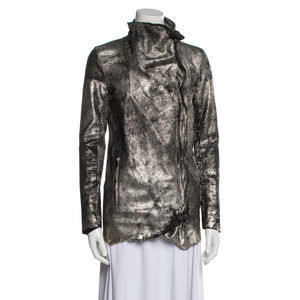CHRISTIANSEN Leather Jacket Womens 4 Black Gold Metallic Leather Asymmetric Moto